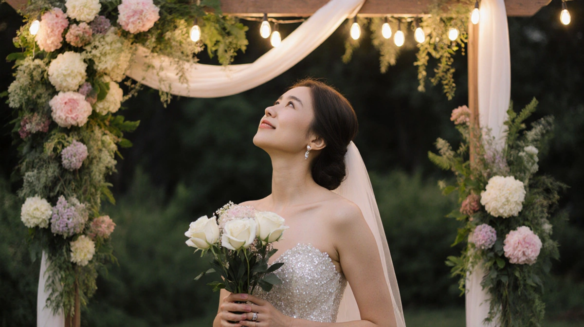 Mary Trump stands at wedding arch with white roses and string lights showing joyful expression