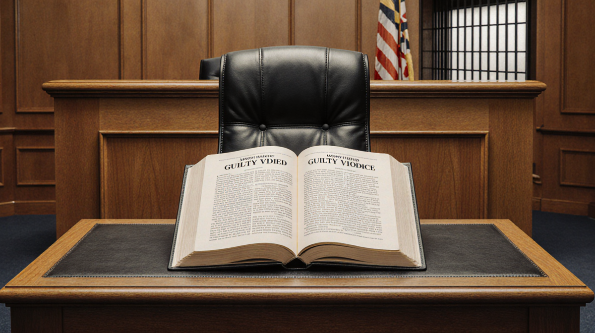 Judge's bench presenting an open book with the guilty verdict with wooden panel walls and a blurred jail cell in background