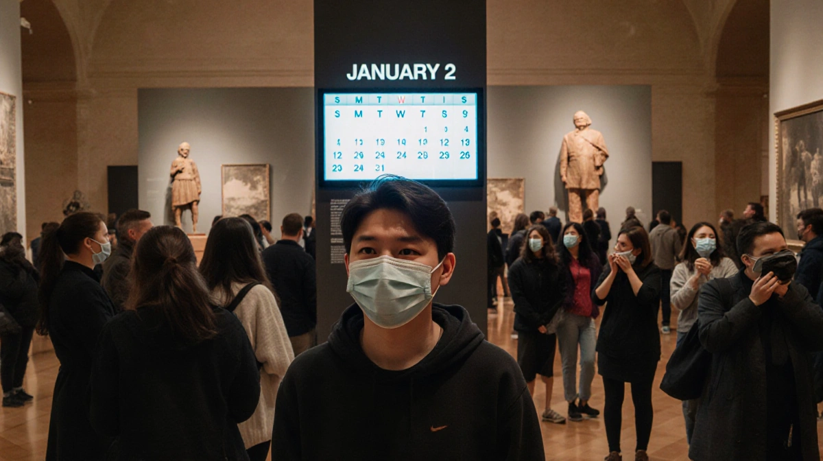 Person wearing mask stands in museum crowd with calendar showing January 2 and visitors looking concerned