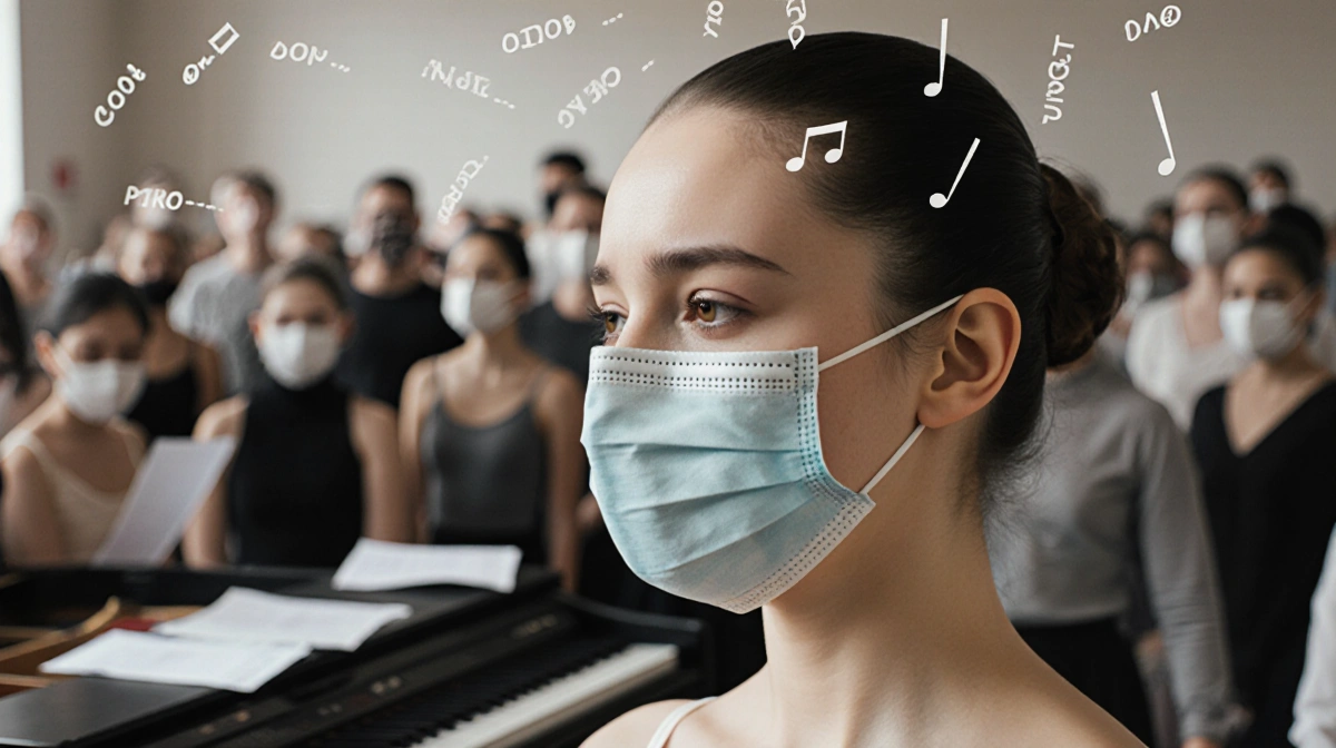 Masked ballerina stands silent with lips forming words and abandoned piano with scattered sheets behind her
