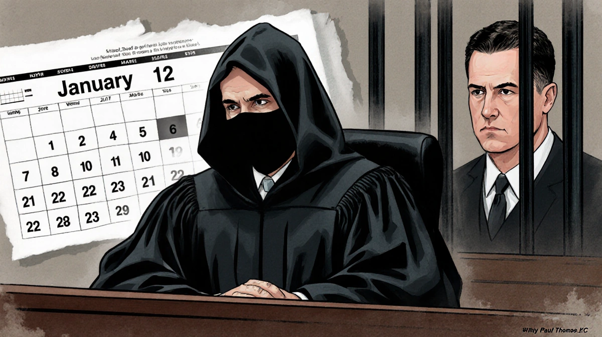 Judge wearing black mask at bench with calendar showing January 12 and prisoner behind bars expressing remorse