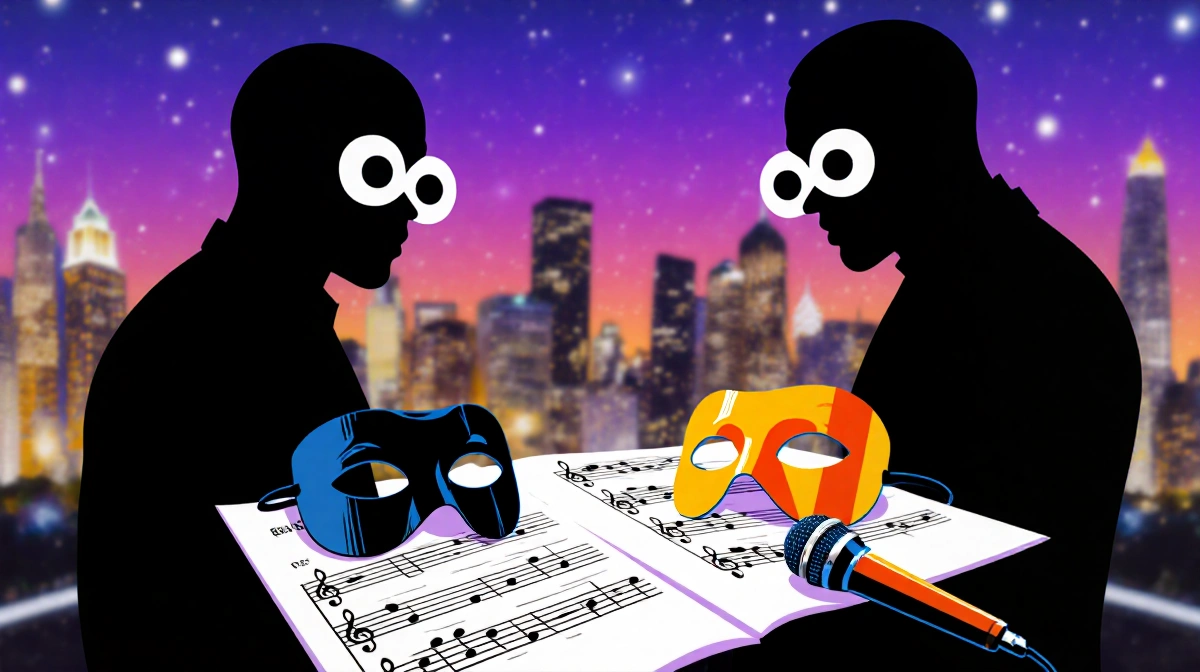 Two unmasked contestants stand with discarded masks and music sheet near microphone showing double reveal moment