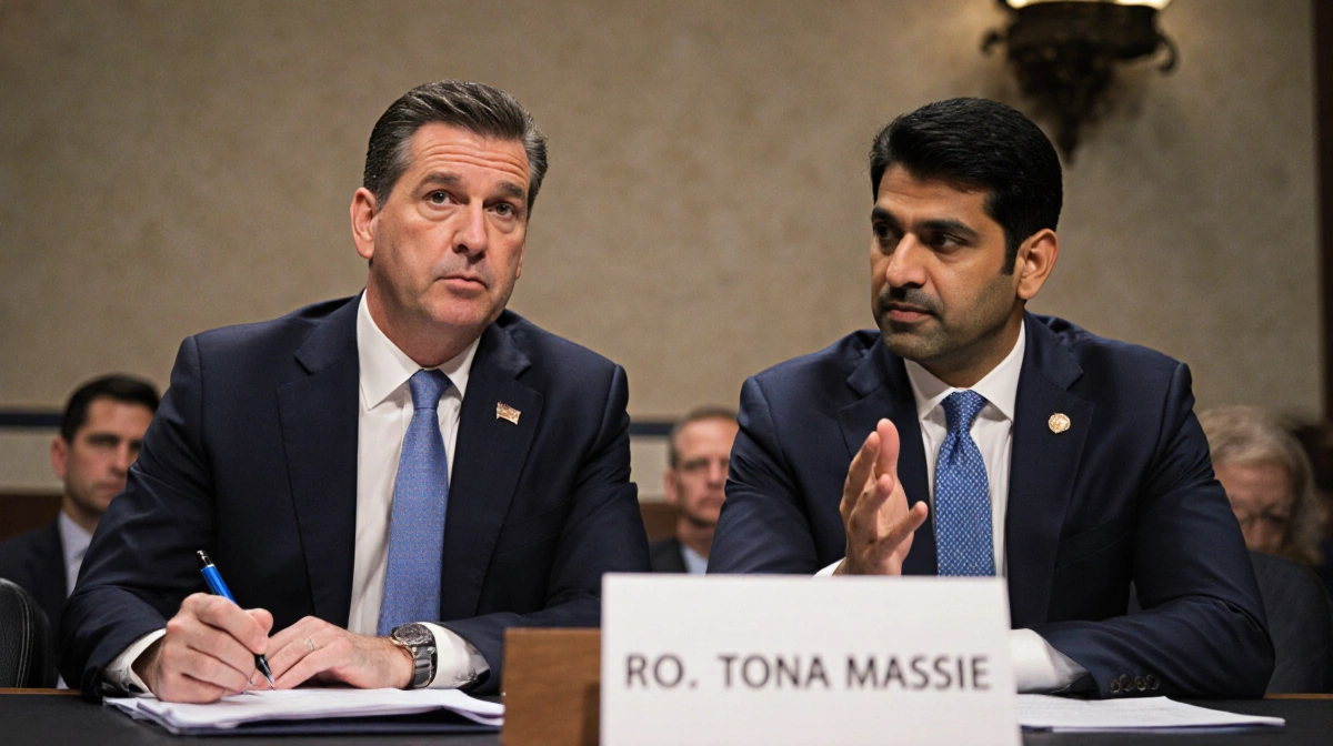 Reps Thomas Massie and Ro Khanna stand together at congressional committee table with documents and pen showing bipartisan co