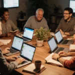 Group of diverse Mastodon users discussing with laptops and plants at a wooden table with warm lighting