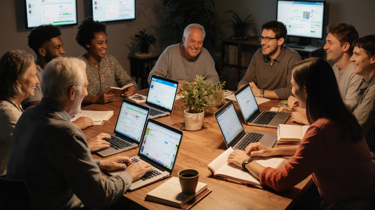 Group of diverse Mastodon users discussing with laptops and plants at a wooden table with warm lighting