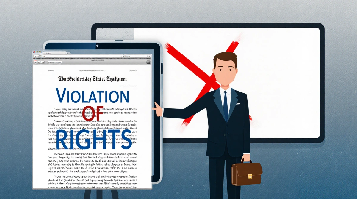 Lawyer Mathew Tully stands at whiteboard with red X and briefcase showing violation of rights on tablet