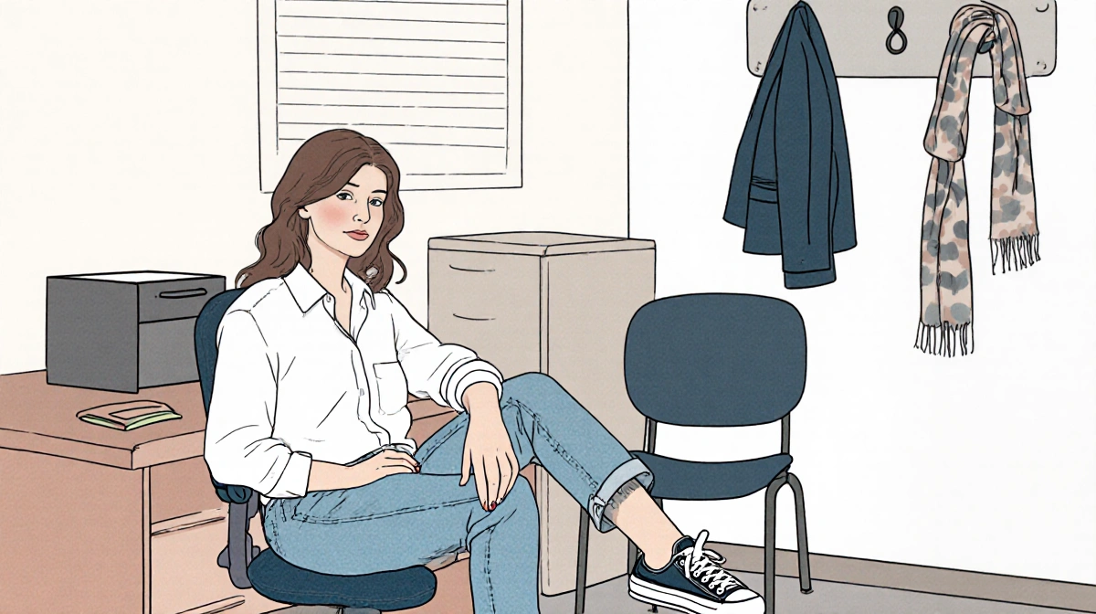 Mathews sits at desk with casual jeans and sneakers showing relaxed office dress code with blazer draped nearby