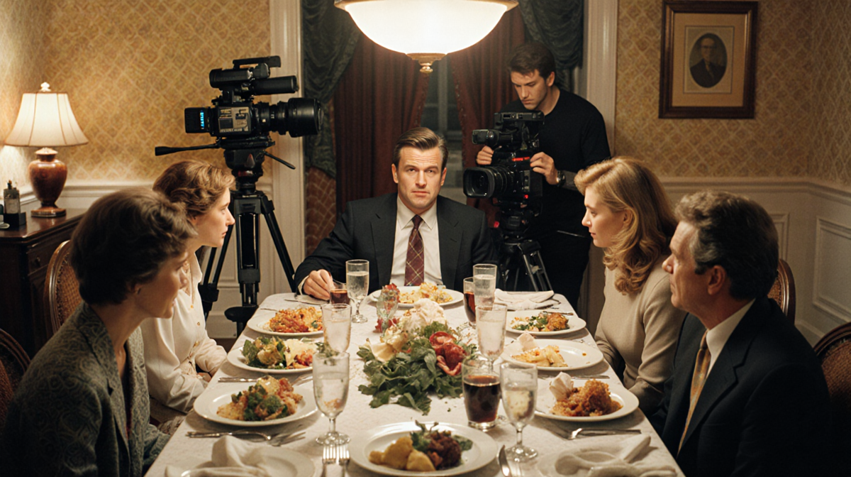 Matt Damon sitting at a 1988 dinner table embarrassed at mother as he asks about green with golden lighting and film crew.