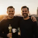 Matt Damon holds Oscar with Ben Affleck beside him showing Harvard campus in background