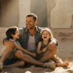Matt Damon laughing with his kids on beach sand with ancient Greek columns and film reel visible behind