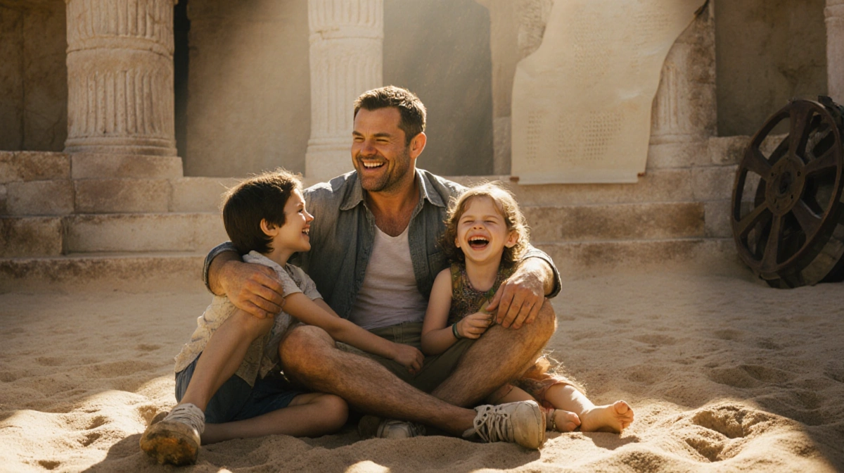 Matt Damon laughing with his kids on beach sand with ancient Greek columns and film reel visible behind