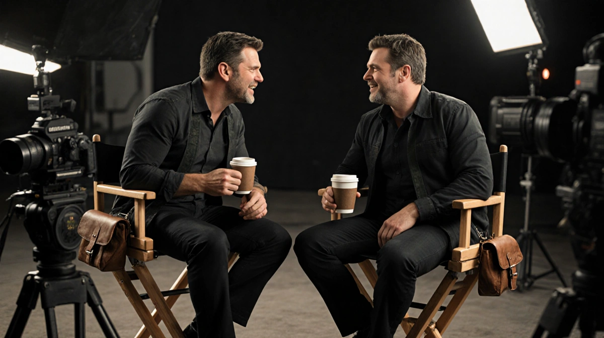 Matt Damon and Ben Affleck laughing in director's chairs on film set with coffee cups and leather satchels showing their Holl