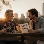 Matt Damon and Ben Affleck sitting on bench with film reel and Good Will Hunting script at Boston Public Garden