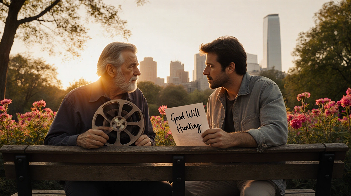 Matt Damon and Ben Affleck sitting on bench with film reel and Good Will Hunting script at Boston Public Garden