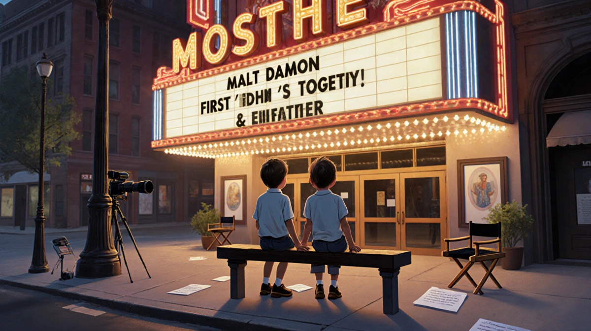 Young Matt Damon and Ben Affleck sitting on Boston stoop looking up at movie theater marquee with filmmaking props nearby
