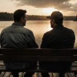 Matt Damon and Ben Affleck sit on weathered dock bench with denim jacket and cap while watching sunset over rainy lake
