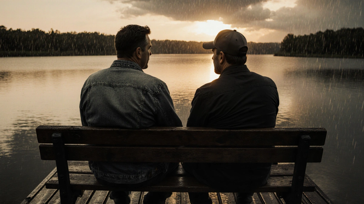Matt Damon and Ben Affleck sit on weathered dock bench with denim jacket and cap while watching sunset over rainy lake