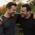 Matt Damon comforting Ben Affleck with gentle hands on shoulders while sitting together on wooden bench with sunset and green