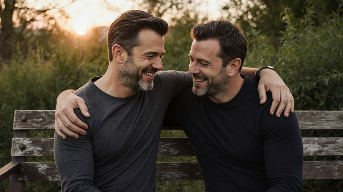 Matt Damon comforting Ben Affleck with gentle hands on shoulders while sitting together on wooden bench with sunset and green