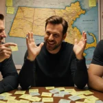 Matt Damon Ben Affleck and Jimmy Fallon excitedly pointing at Massachusetts map with Post-it notes showing town names