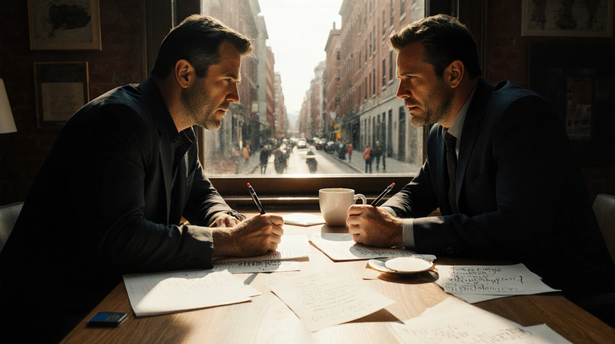 Matt Damon and Ben Affleck writing script together with coffee cups and notes scattered on desk near Boston window