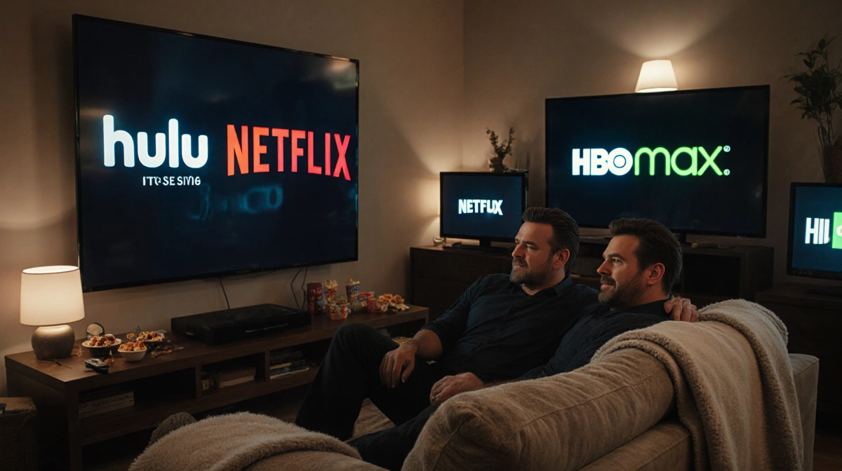 Matt Damon and Ben Affleck watching streaming platforms together on TV with Netflix Hulu and HBO Max logos visible