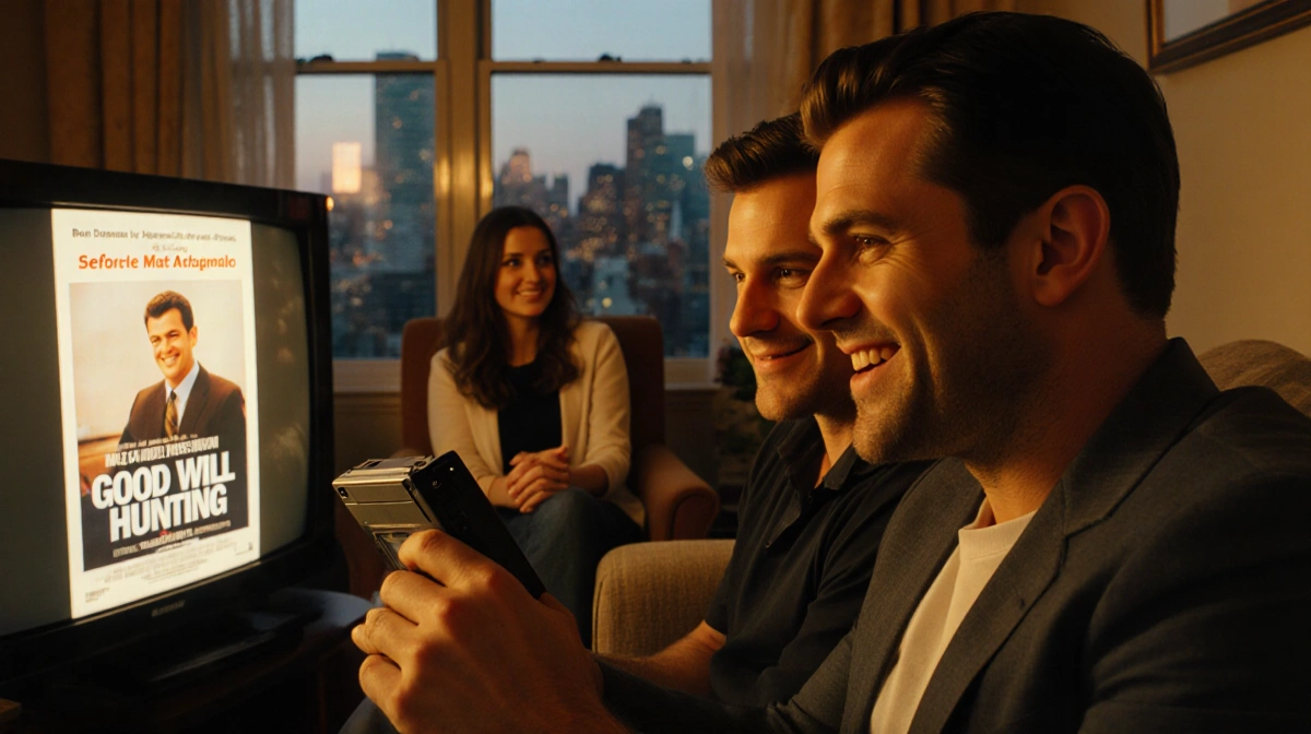 Matt Damon and Ben Affleck smiling at Good Will Hunting VHS with Boston skyline reflected in window behind them (92 character