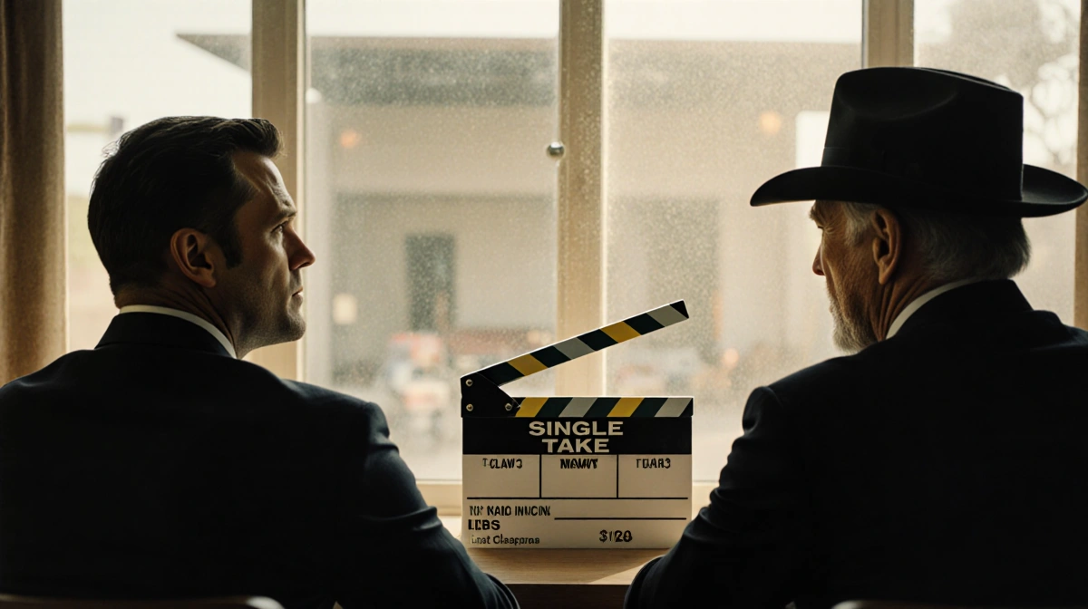 Matt Damon and Clint Eastwood sitting together with film clapboard between them and warm light from windows behind