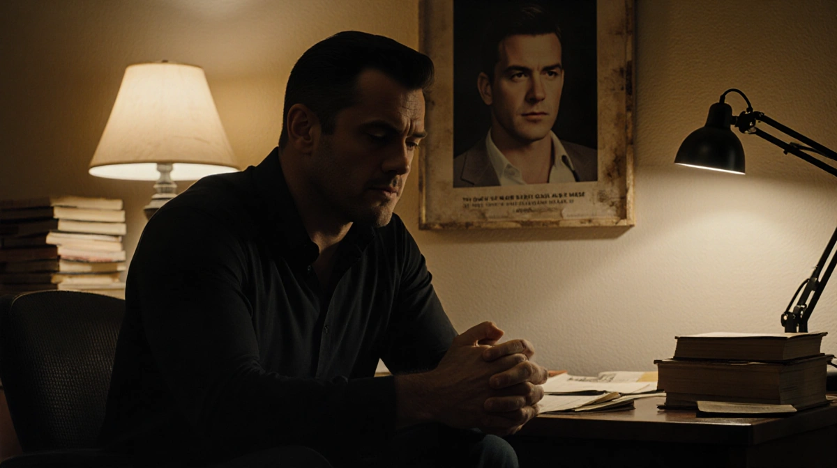 Matt Damon sitting alone with clasped hands and a Milk movie photo on the wall behind him