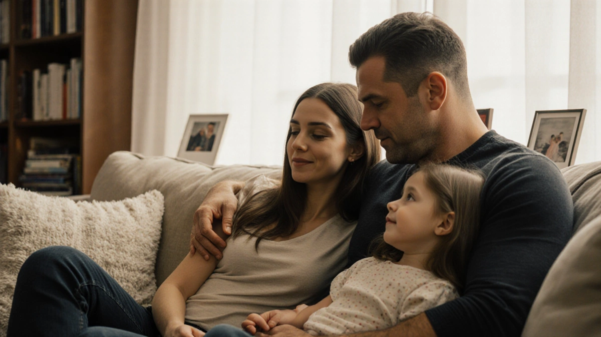 Matt Damon sitting with wife Luciana and daughter Alexia on couch with soft natural light showing family photos nearby