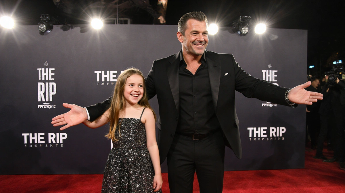 Matt Damon and daughter Gia playfully striking matching awkward poses on the red carpet with premiere spotlights glowing behi