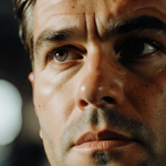 Matt Damon gazing into the distance with warm vintage film light and blurred pizza parlor background