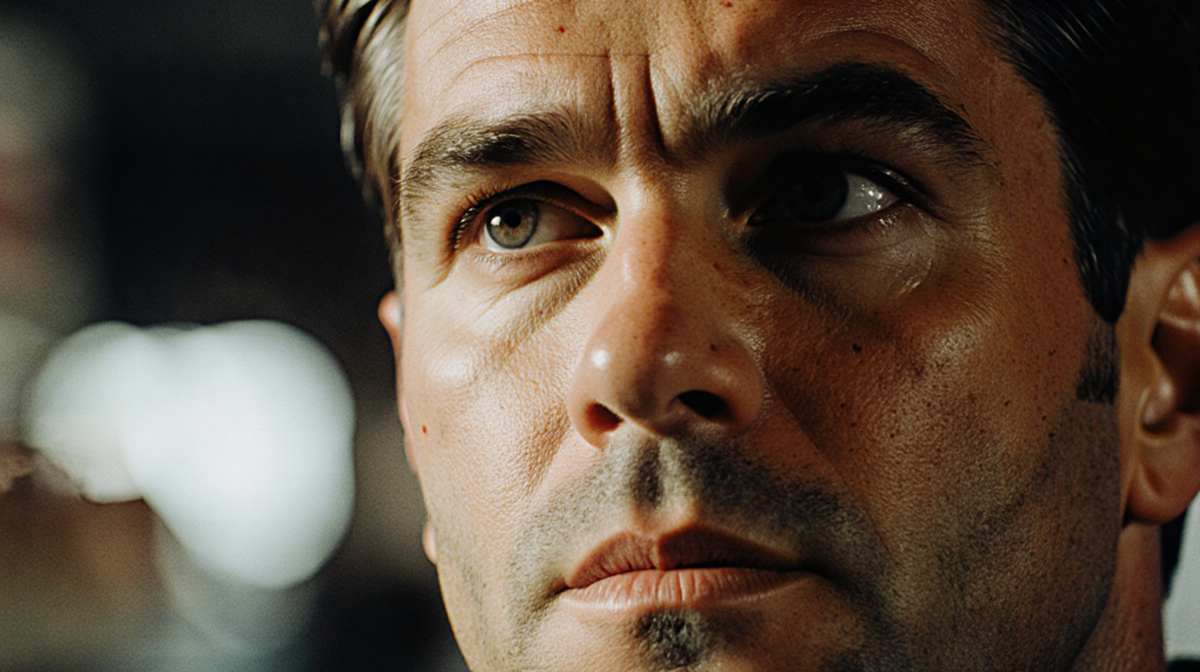 Matt Damon gazing into the distance with warm vintage film light and blurred pizza parlor background