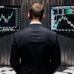 Matt Hougan standing with back to viewer scanning cryptocurrency legislation on LED screens amid scattered papers