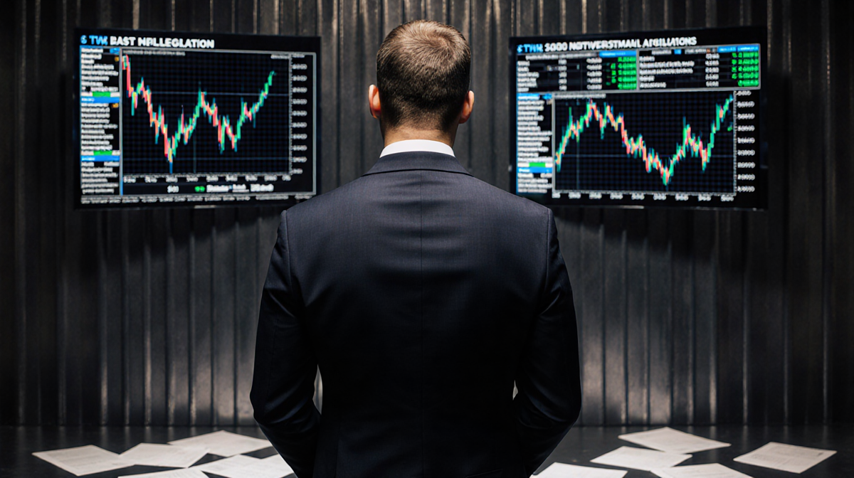 Matt Hougan standing with back to viewer scanning cryptocurrency legislation on LED screens amid scattered papers