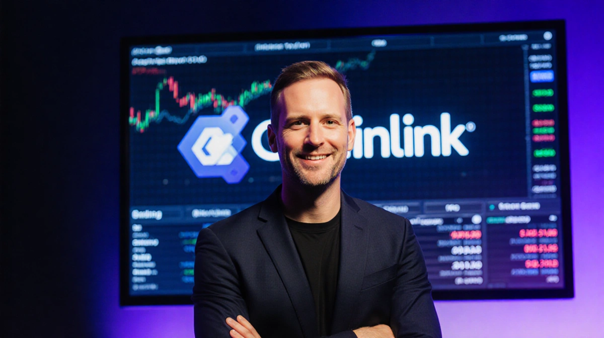 Matt Hougan stands before Chainlink market data with dark blue purple gradient and confident smile