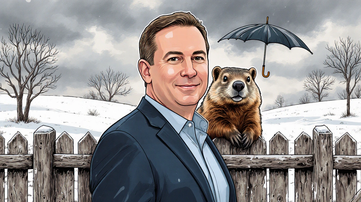 Matt Hougan stands with umbrella near Punxsutawney Phil behind fence showing crypto winter landscape