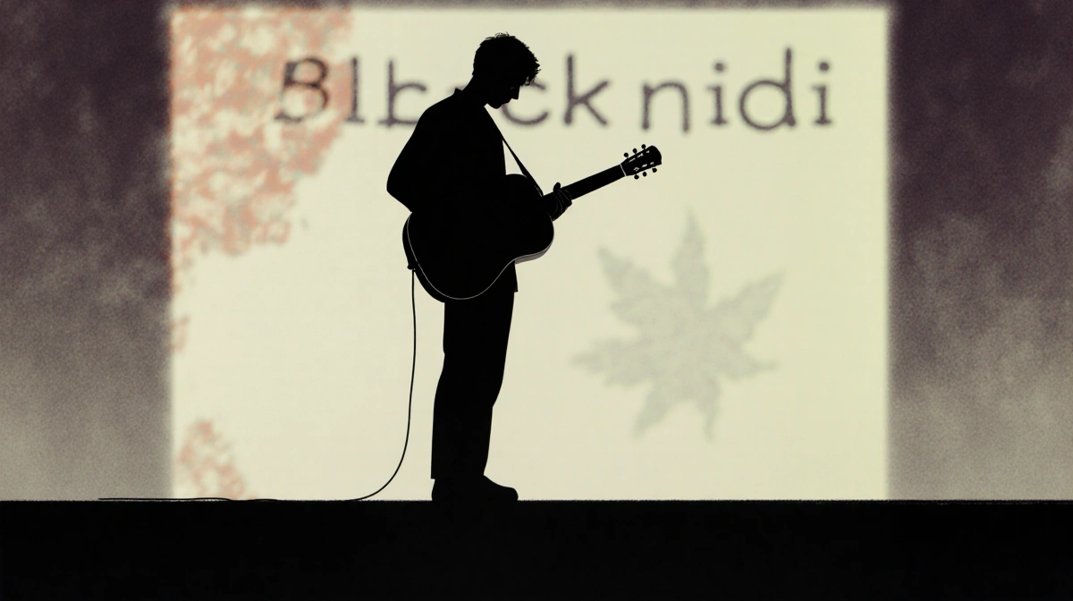 Matt Kwasniewski-Kelvin stands on stage with guitar silhouette and blurred Black Midi Schlagenheim album art behind him