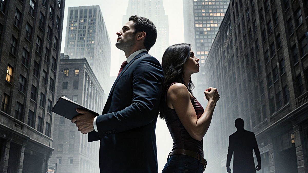 Matt Murdock and Jessica Jones standing back-to-back looking up at towering Wilson Fisk with cityscape shadows