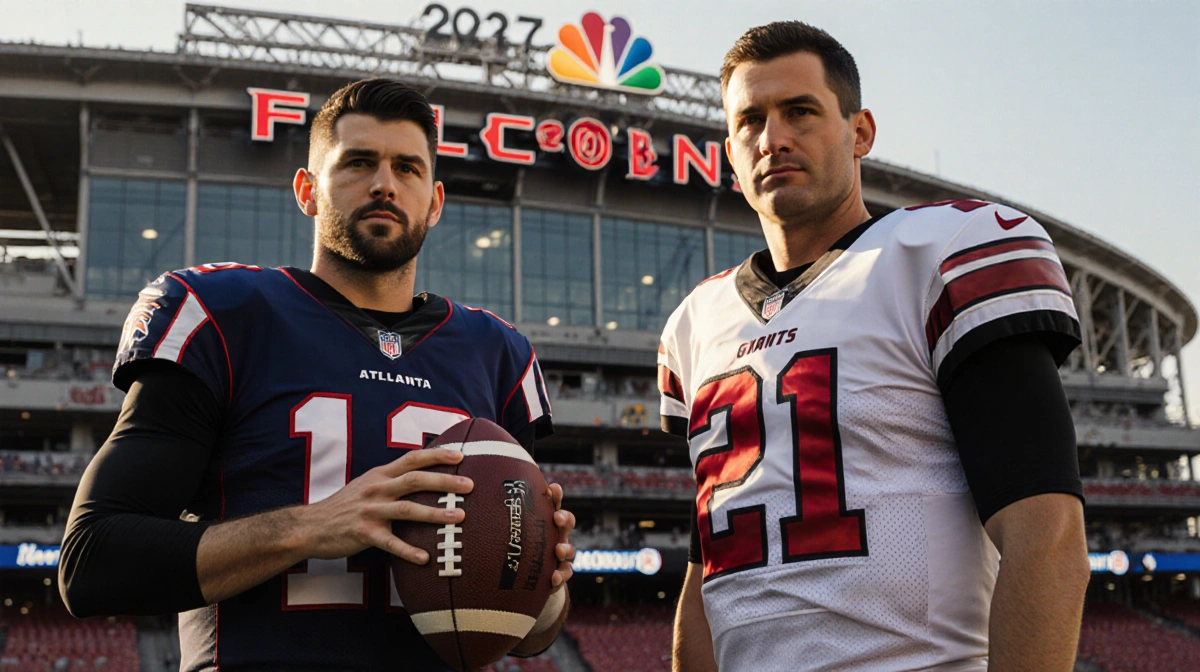 Matt Ryan and Kevin Stefanski stand together with football and Atlanta Falcons logo visible behind them