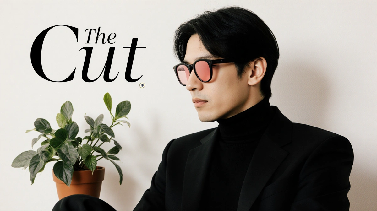 Matthew Koma wearing rose-tinted sunglasses sits with houseplant and The Cut logo in background