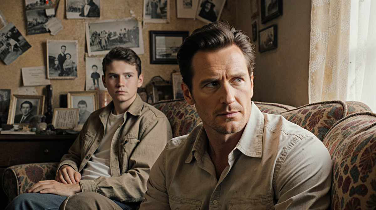 Matthew McConaughey sitting on worn couch gazing wistfully at brother in background with nostalgic photos and warm glow