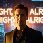 Matthew McConaughey stands confidently with neon cityscape behind him and Alright Alright Alright glowing on giant screen