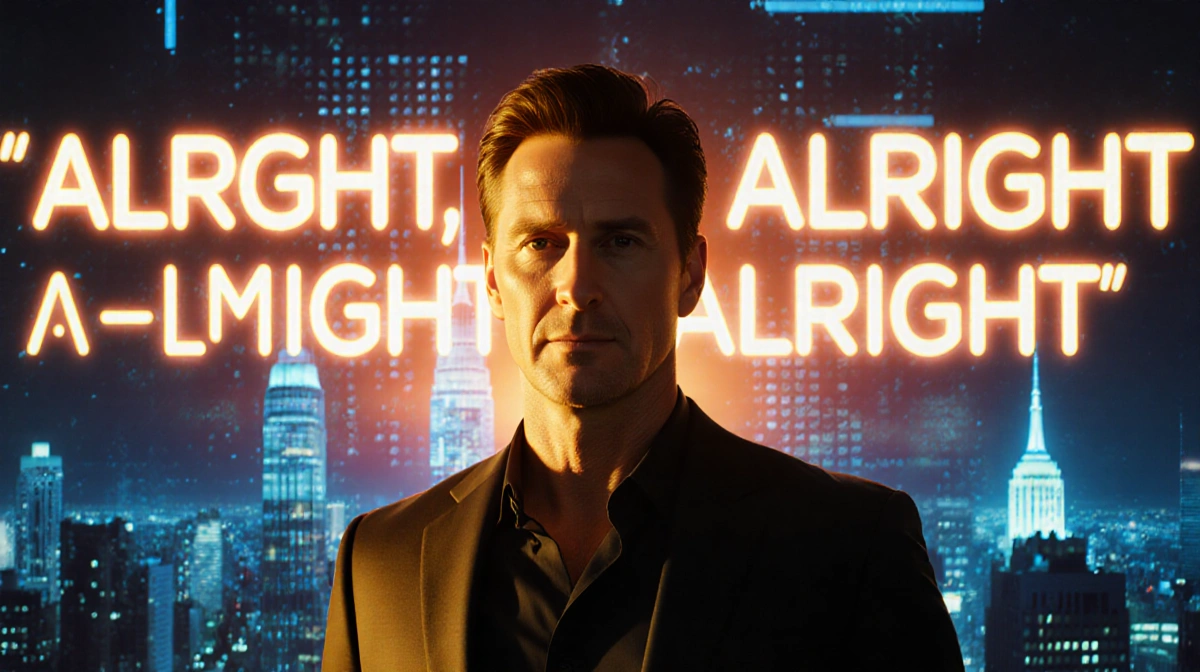 Matthew McConaughey stands confidently with neon cityscape behind him and Alright Alright Alright glowing on giant screen