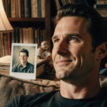 Matthew McConaughey sits on worn couch with faded Polaroid of himself and nostalgic trinkets in a warm room full of books.