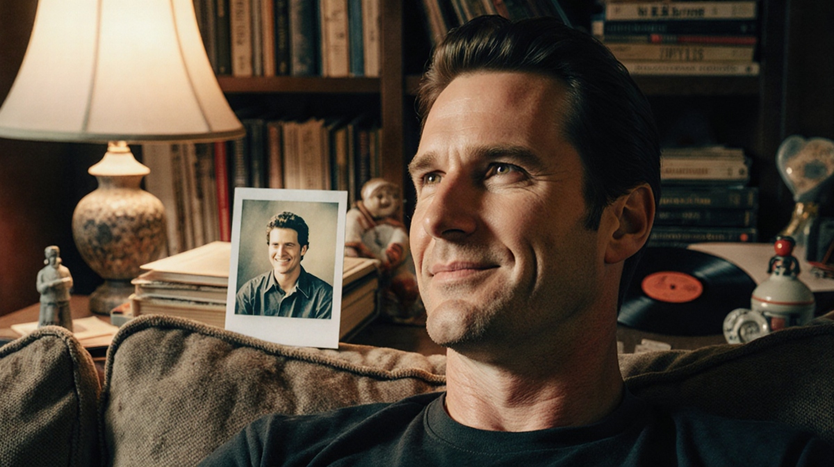 Matthew McConaughey sits on worn couch with faded Polaroid of himself and nostalgic trinkets in a warm room full of books.