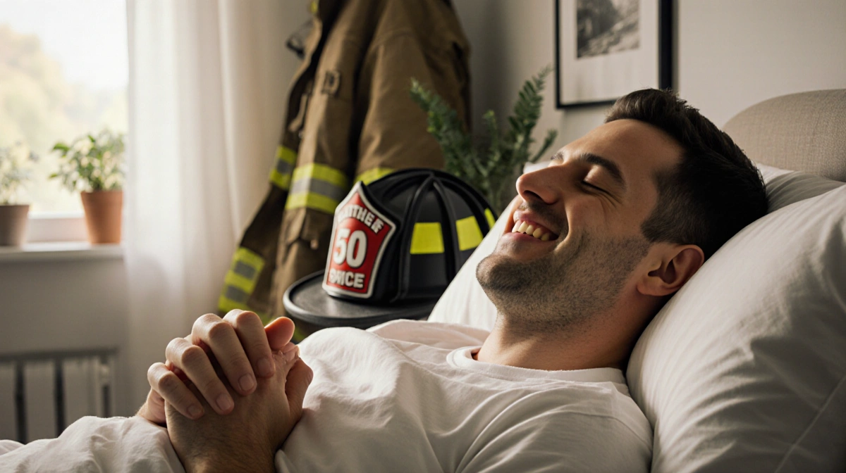 Matthew sitting up in bed with closed eyes and sunlight streaming through window showing firefighter helmet nearby