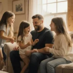 Matthew Stafford laughing with his four daughters on couch showing family bonding and fatherhood moments