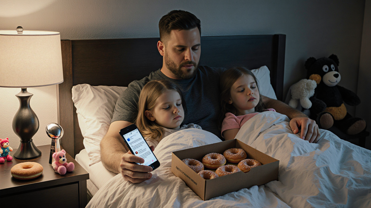 Matthew Stafford sitting beside daughters in bed with donuts and a phone showing NFC loss text, conveying fatherly love.
