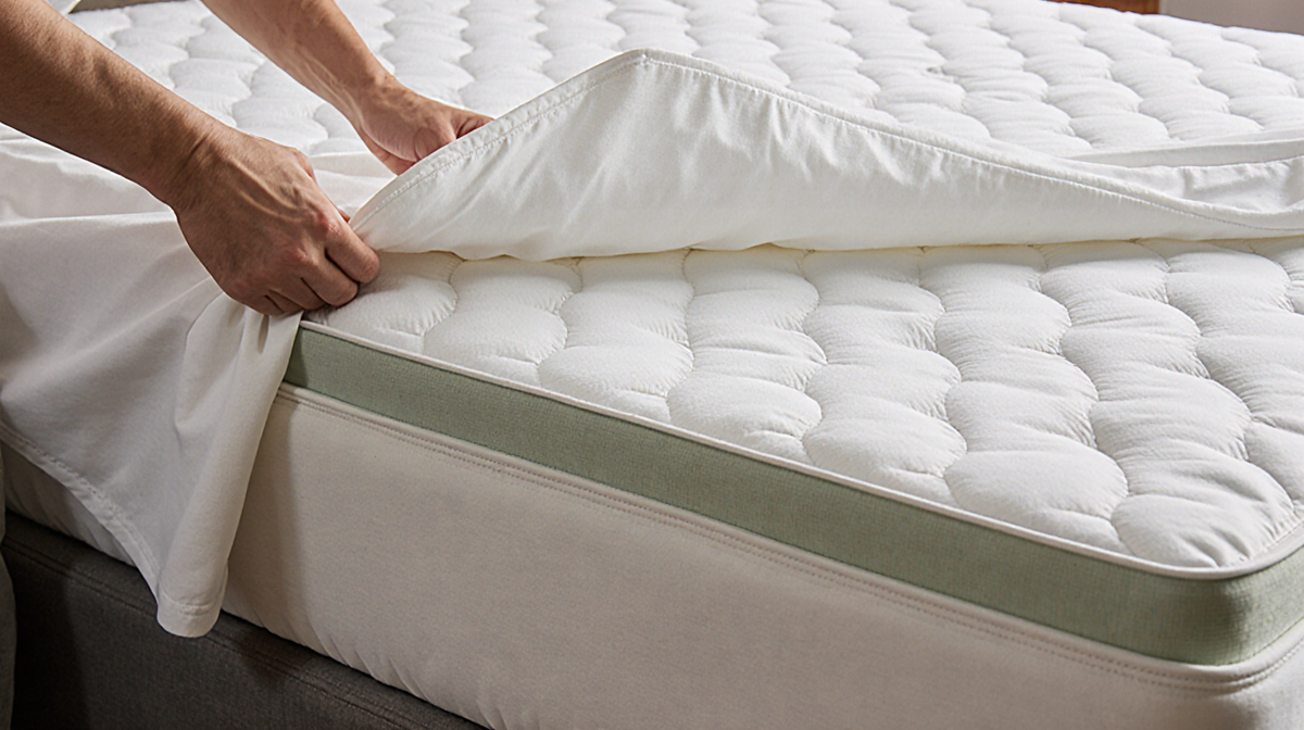Flat sheet sliding over waterproof mattress protector with deep pockets revealing bamboo-blend topper and 3D lining.